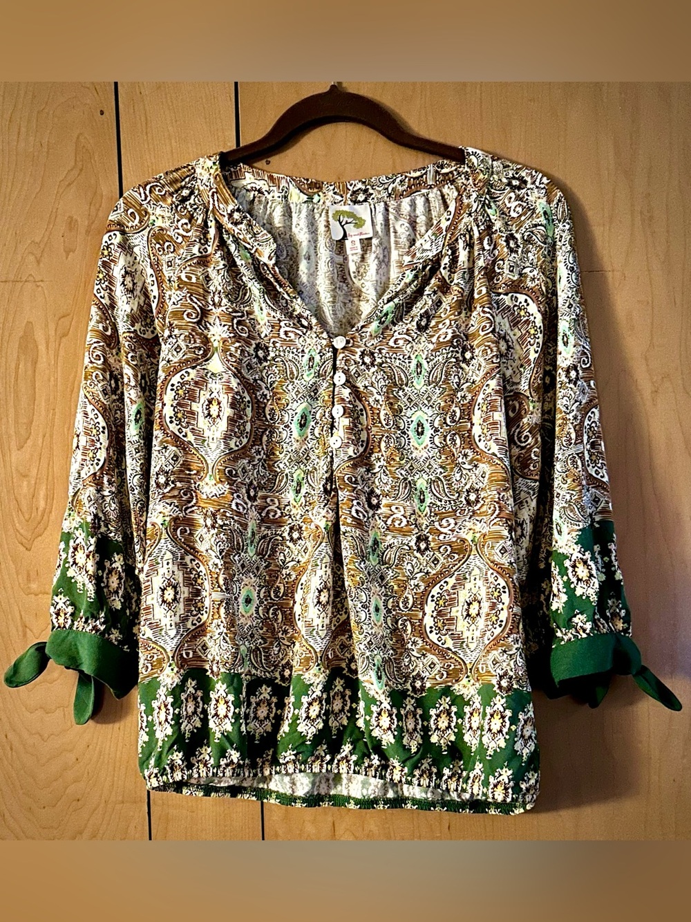 fig and flower Boho Paisley Peasant Blouse 3/4 Tie Sleeves Size S